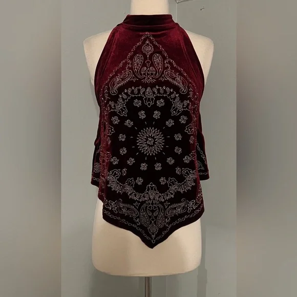 Free People Bandana Bling Velvet Tank XS Red Boho High Neck Festival Top - Picture 4 of 9